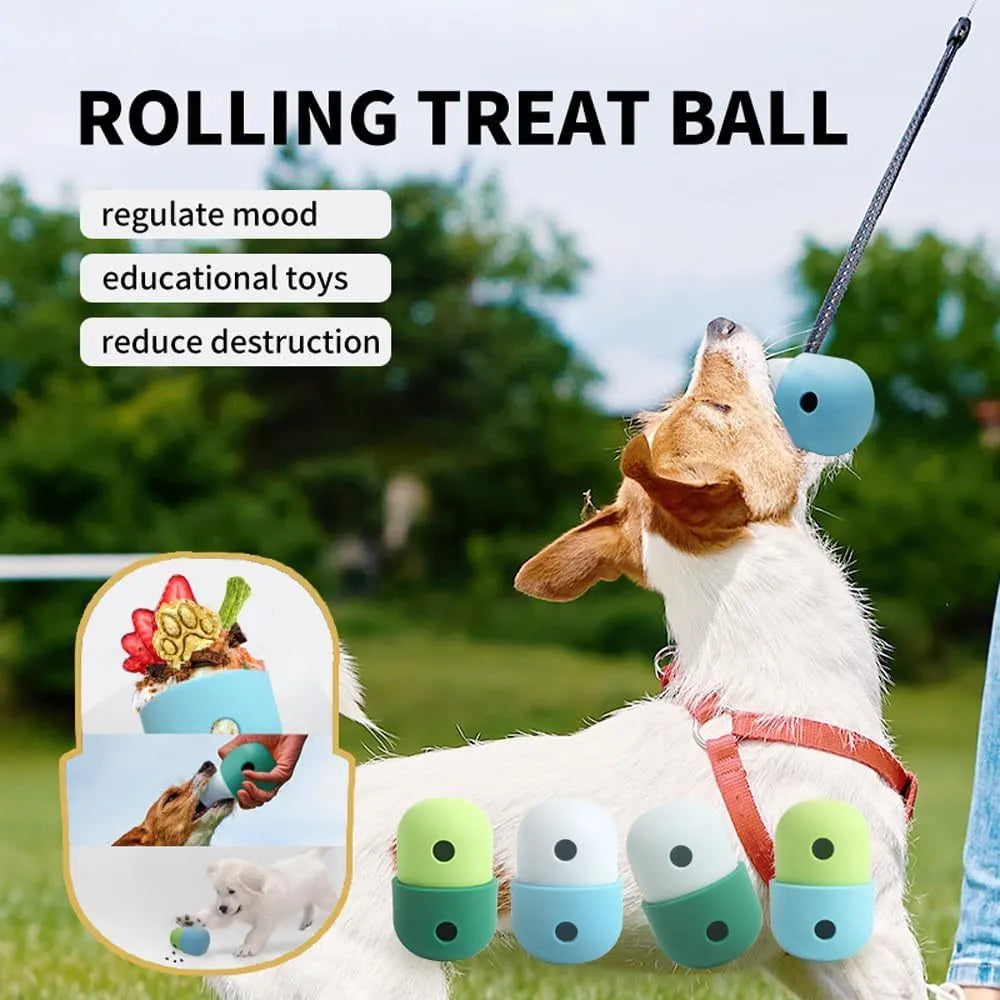 White and blue treat-dispensing puzzle toy for dogs with detachable design and rolling action