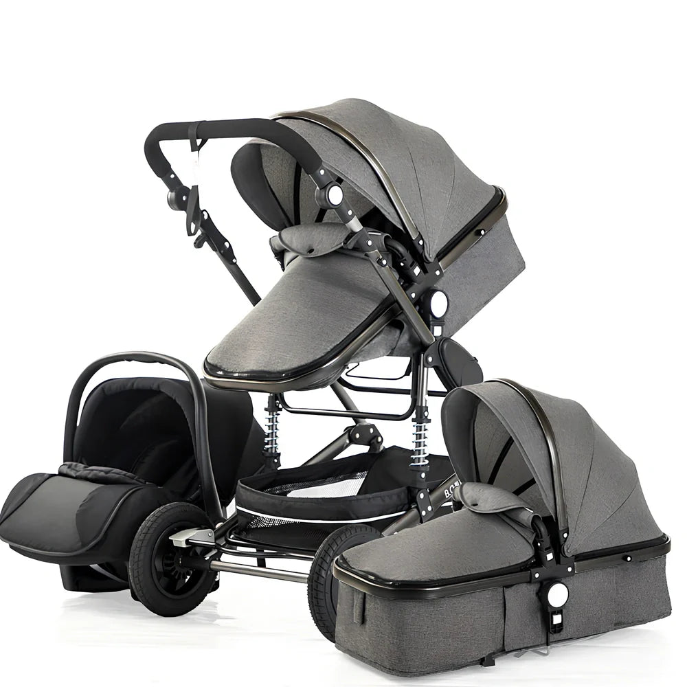 Aluminium frame baby stroller with large canopy and four EVA wheels in dusty pink colour