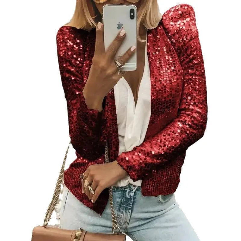 Women's slim fit short sequin coat, 50cm length, available in 17 colours and sizes S to XXXL.