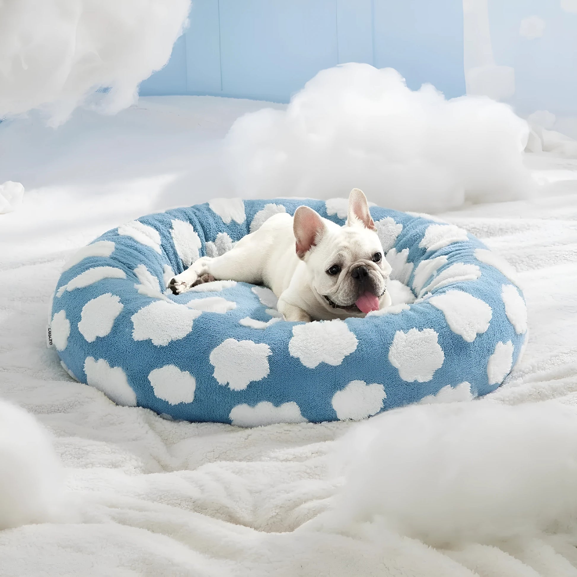 Round blue and white plaid pet bed with plastic frame and fleece cover for dogs