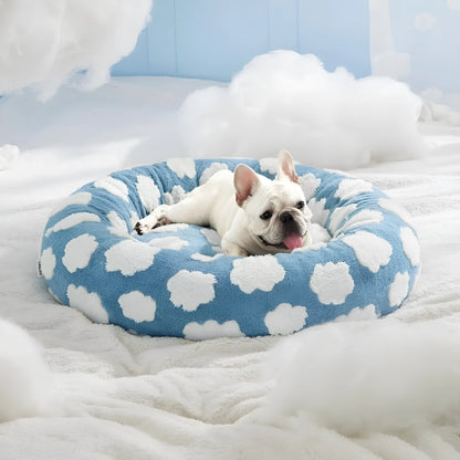 Round blue and white plaid pet bed with plastic frame and fleece cover for dogs