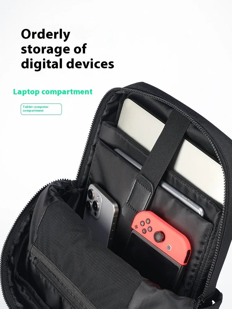 Elegant black Oxford cloth computer backpack with a 20-35 litre capacity.