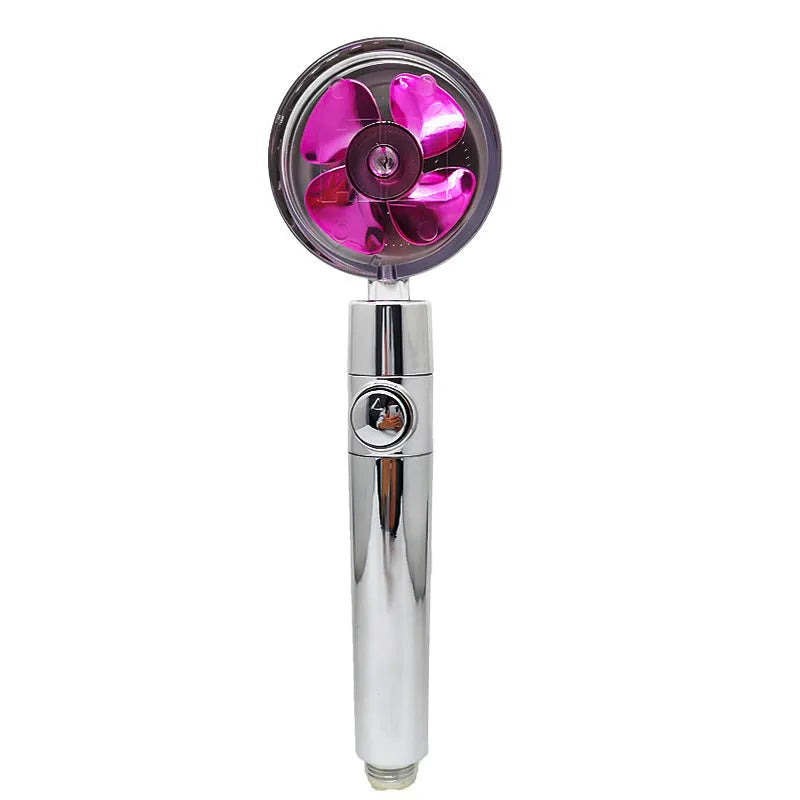 Chrome-finished ABS plastic water-saving shower head with a round, rotating spray head.