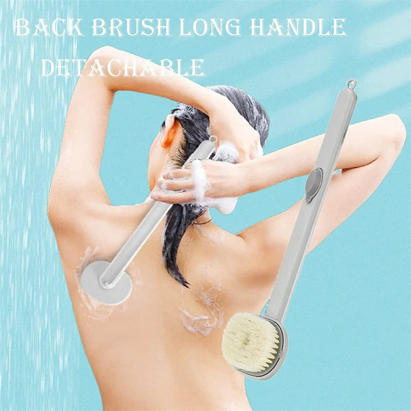 Dual-purpose shower brush with detachable head and built-in shower gel reservoir