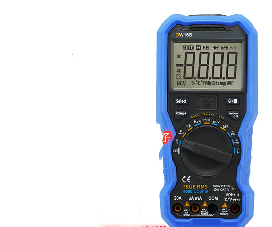 OW16B handheld digital multimeter with display, dial, and test leads for electrical voltage, current, and temperature measurement.