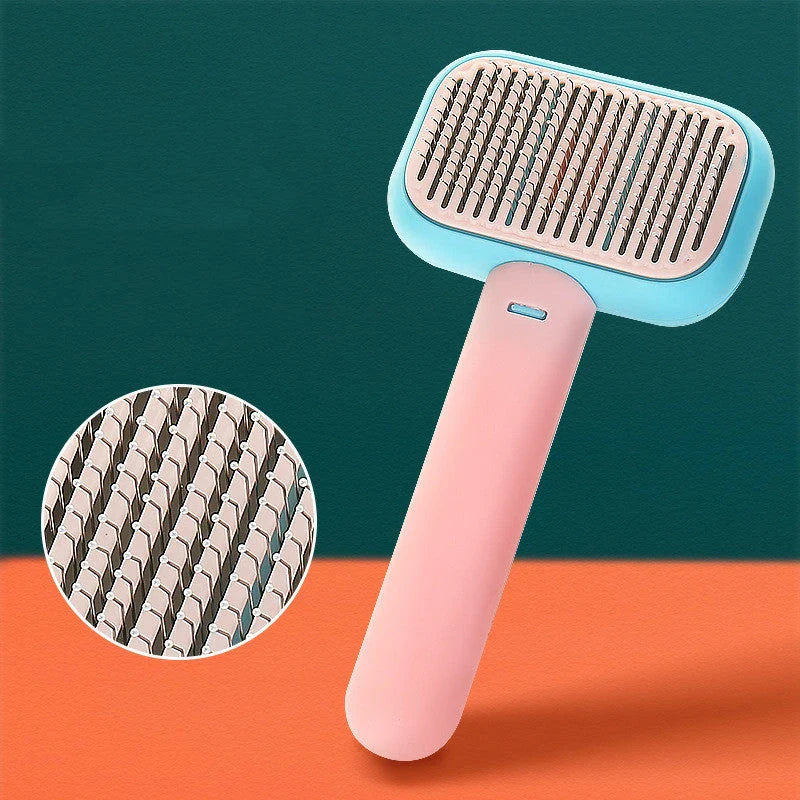 Premium pet hair brush in grey, pink, and green colors with stainless steel construction for easy grooming and massage