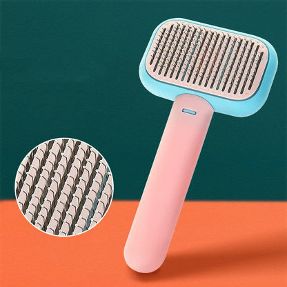 Premium pet hair brush in grey, pink, and green colors with stainless steel construction for easy grooming and massage