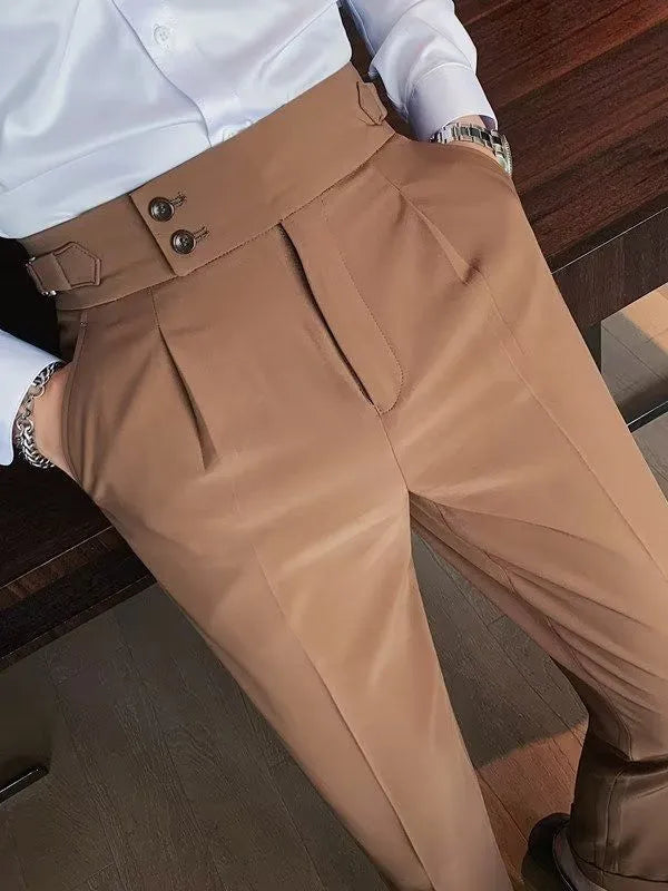 Retro high waist straight-leg casual trousers in a neutral colour, shown on a model.