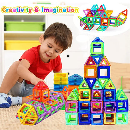 Colorful magnetic building blocks with children playing and building structures