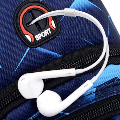 Men's sling chest bag in blue with earphone hole, crossbody strap, and zipper pockets, measuring 17cm wide.