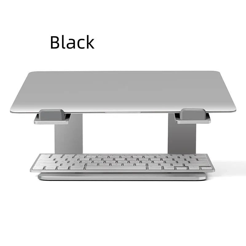 Black aluminium alloy laptop stand raising a laptop for ergonomic desktop use