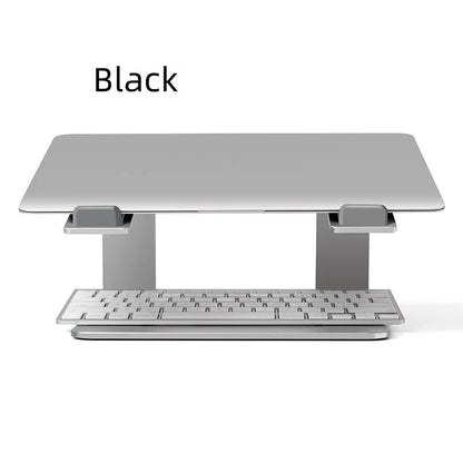 Black aluminium alloy laptop stand raising a laptop for ergonomic desktop use