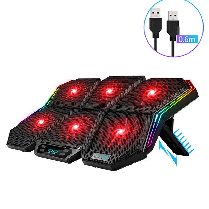 Ice Magic 6 notebook radiator with six black and red fans, 0.6m USB cable, and plastic frame on a desk