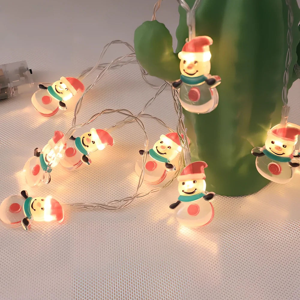 Battery-operated LED snowman Christmas lights with dotted, suit, and skiing snowman designs