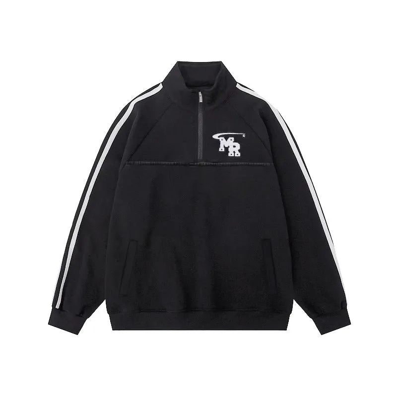 Black stand collar couple sweater with Hong Kong style design and polyester fibre construction