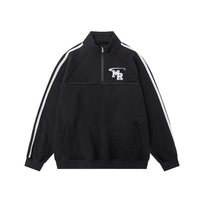 Black stand collar couple sweater with Hong Kong style design and polyester fibre construction