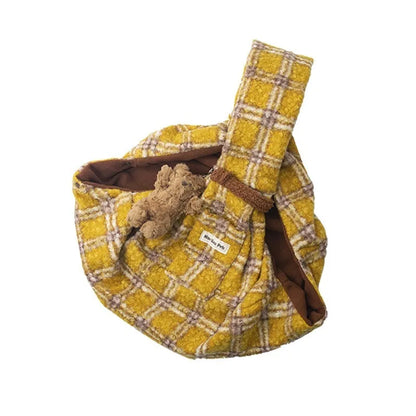 Yellow plaid soft polyester pet crossbody backpack for small dogs and cats