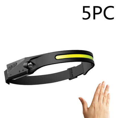 Black silicone USB rechargeable headlamp with a wide COB LED lens and a side wave sensor.