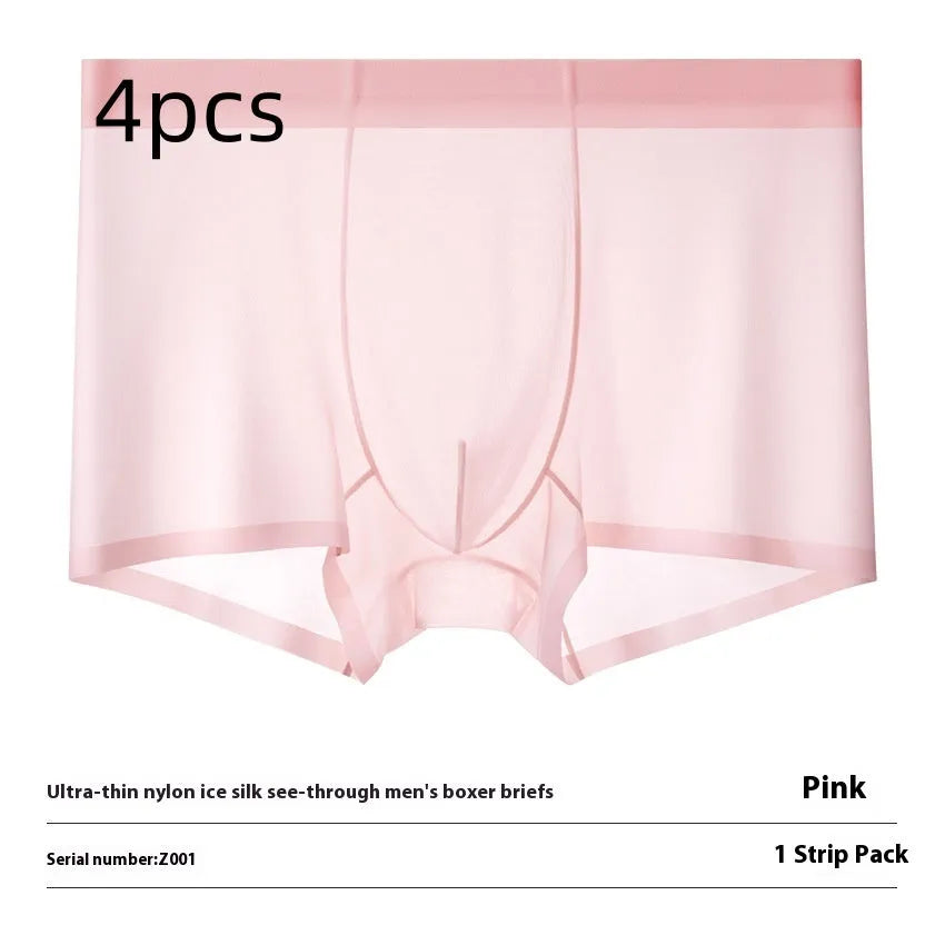 Men's ultra-thin ice silk boxer briefs in purple, shown flat to highlight seamless design.