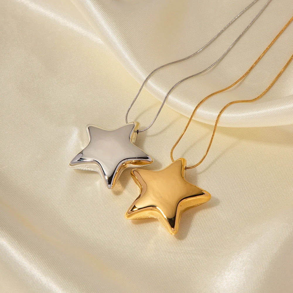 Radiant 18K gold-plated star necklace with stainless steel pendant and ball bead chain