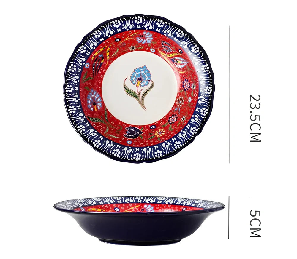 Underglaze ceramic bowl with Bohemian floral pattern in blue mandarin duck design, 8 inch diameter