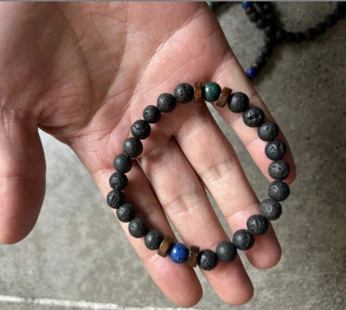 Stylish men's bracelet made with natural volcanic stone, flash stone, and wood chip in a geometric, mosaic-like design