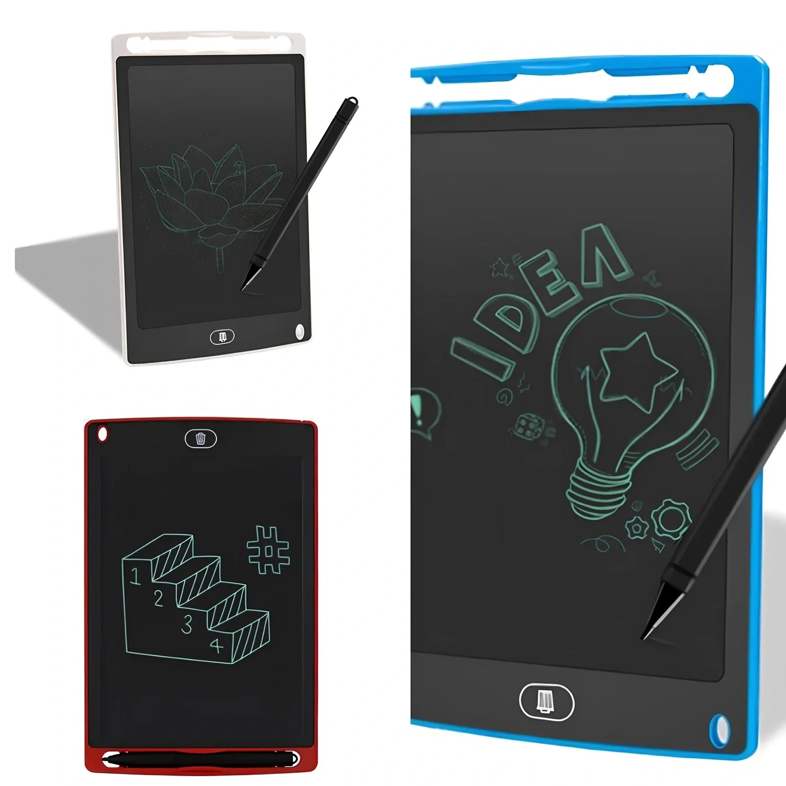 8.5-inch LCD writing board with stylus showing pressure-sensitive writing on blue background