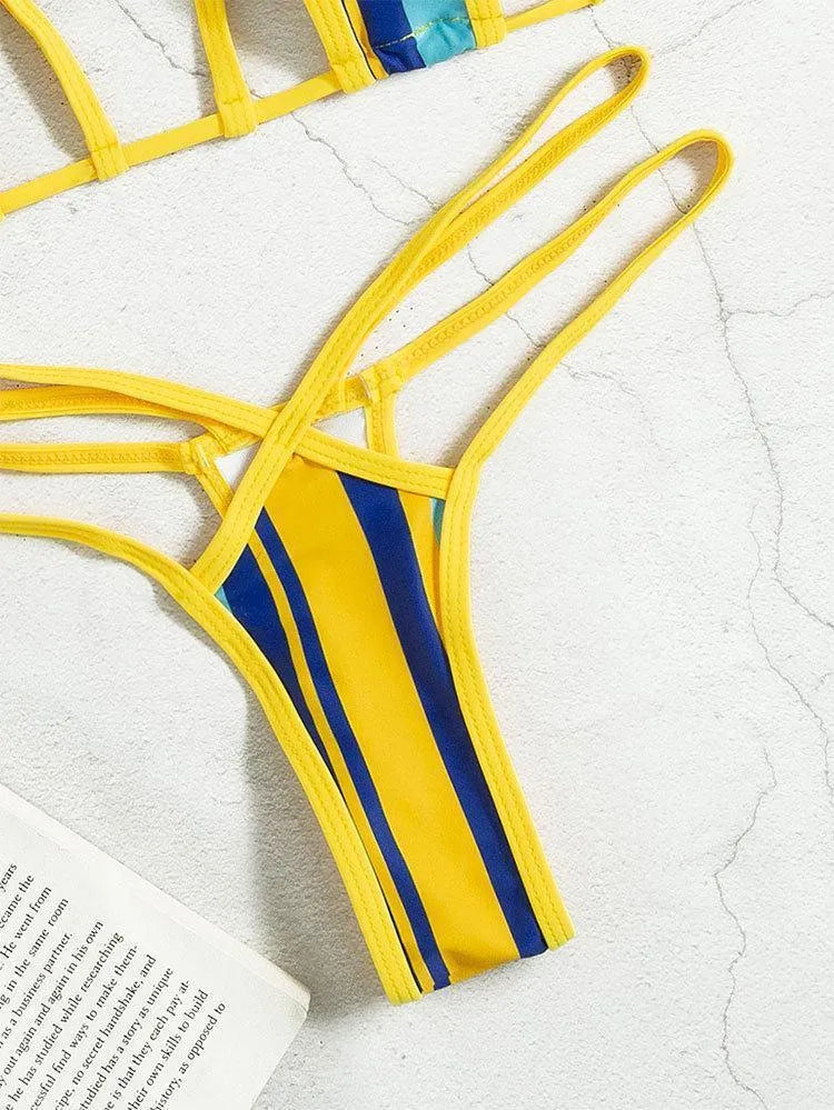 Yellow high-waist backless split swimsuit for women with neck-hanging hollow suit design.