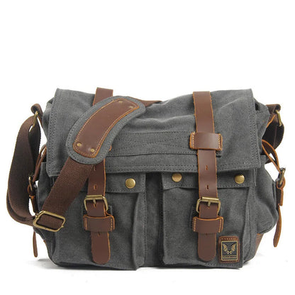 Men's retro crossbody canvas shoulder bag with cowhide trim in horizontal rectangular shape
