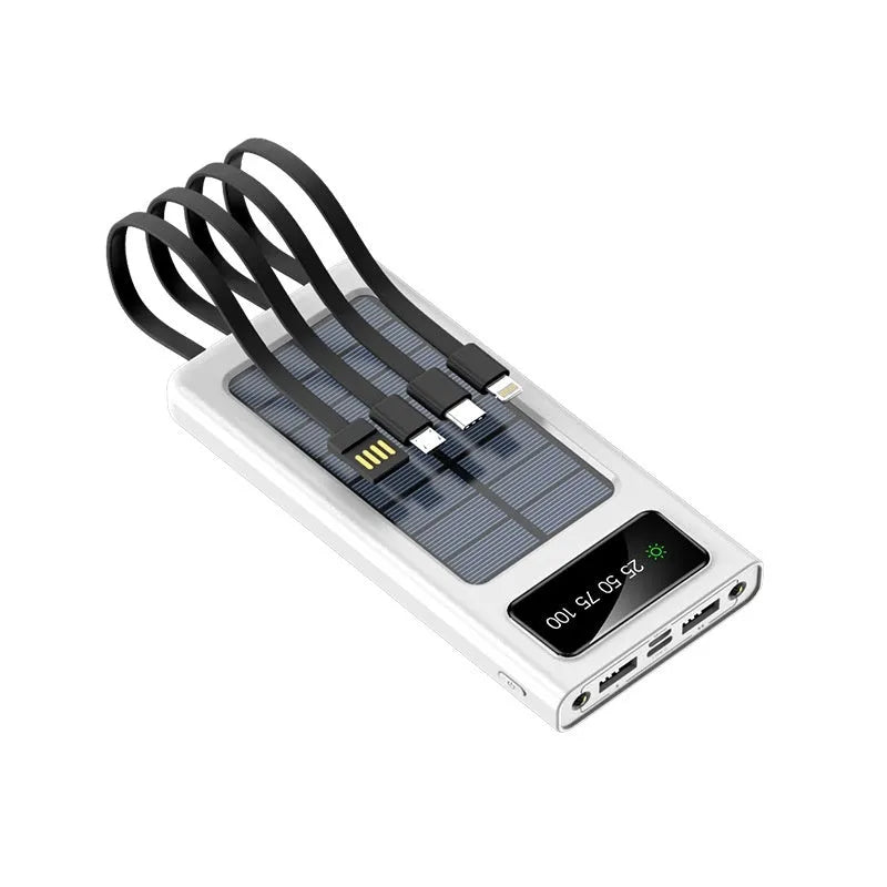 Portable solar power bank with 20000mAh capacity in black or white plastic casing