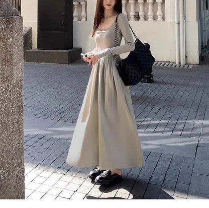 Women's square collar knitted dress in black or grey with elastic waist and A-line skirt, long sleeves