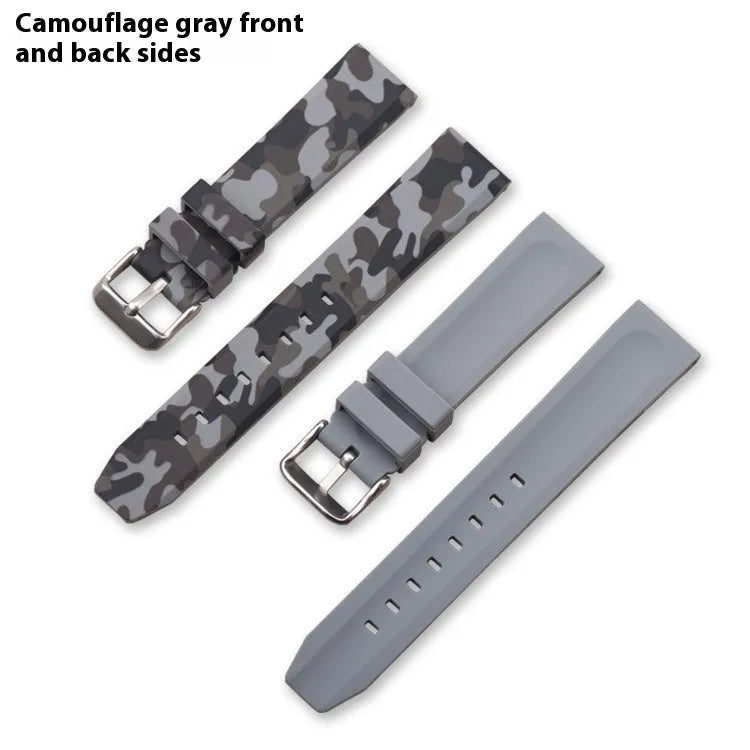 Camouflage pattern silicone watch strap showing blue, grey, and green options with flat head connectors