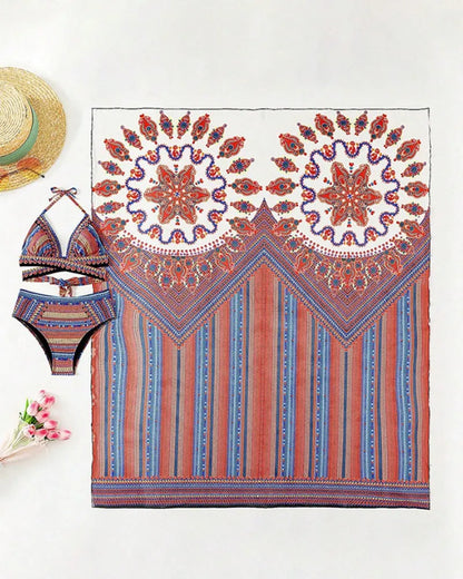 Women's three-piece swimsuit set with sleeveless top, high-waist briefs, and cover-up coat in picture colour