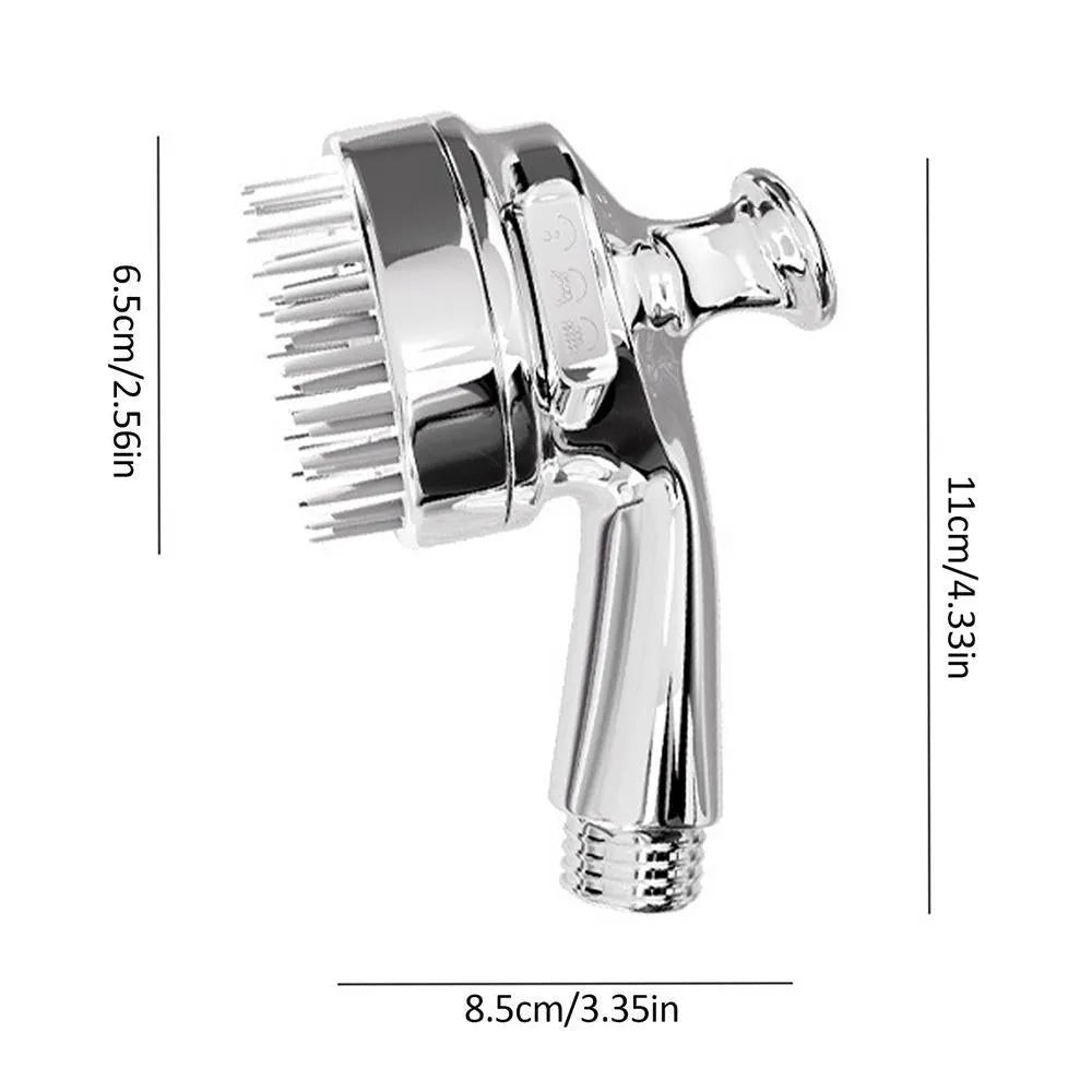Silver dog shower attachment with silicone comb teeth and ergonomic grip for pet bathing.