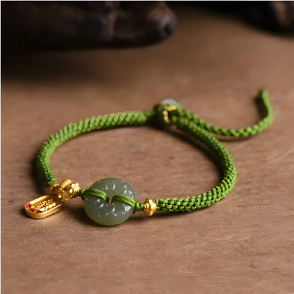 Women's corn knot Hetian jade safety buckle bracelet with hand-woven flexible wire and green rope design