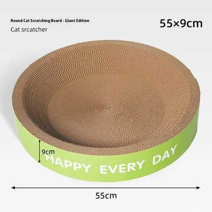A green round sisal fibre cat scratching board bed, showing its 50cm diameter and central nesting hollow.