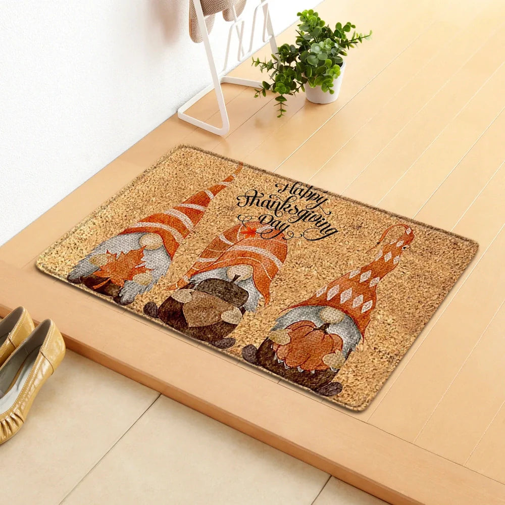 Thanksgiving pumpkin doormat measuring 40x60cm with autumn leaf design in polyester construction