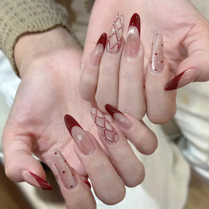 Sweet Girl style medium coffin false nails with random colour patterns, press on artificial nail sets