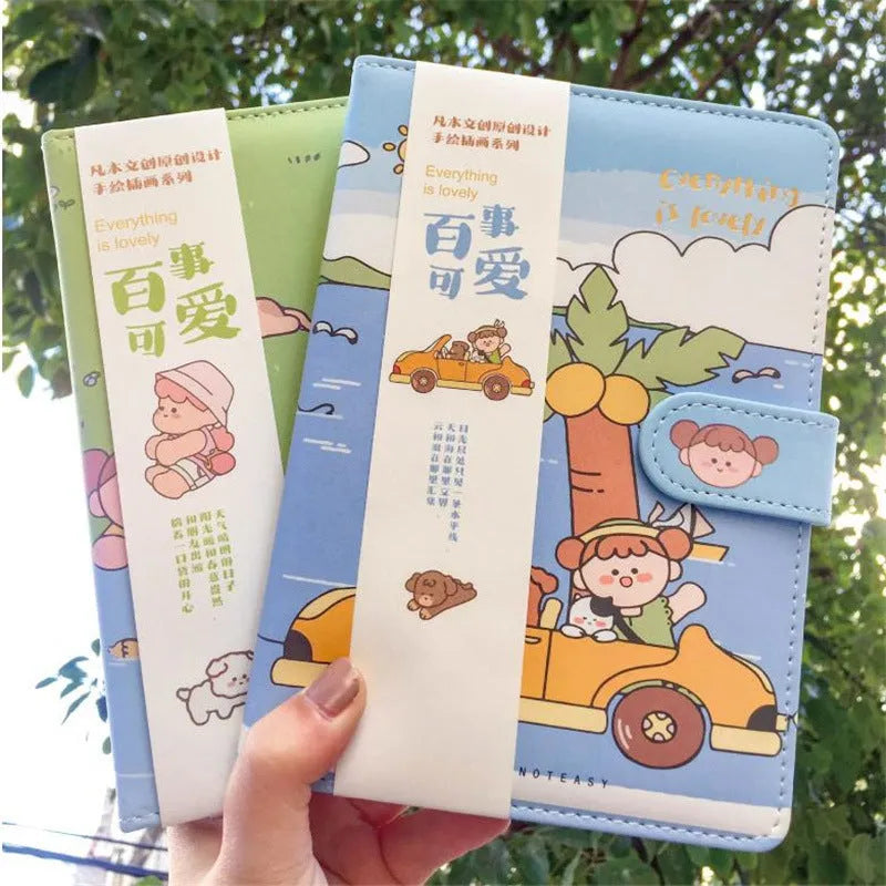 A5PU colour page notepad with thread binding, featuring Daolin paper with 180 sheets, available in eating ice cream, reading, travelling and outing cover designs for creative journaling and daily note-taking.