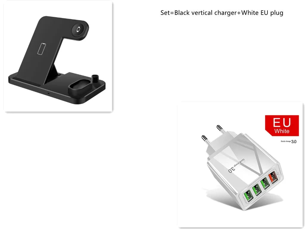 4-in-1 wireless charging station with adjustable magnetic stand charging phone, watch, AirPods, and Apple Pencil