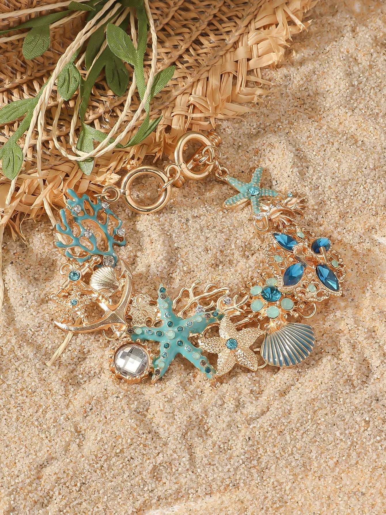 Alloy rhinestone marine bracelet with starfish design in turquoise, coral red, or coral blue for women's holiday wear