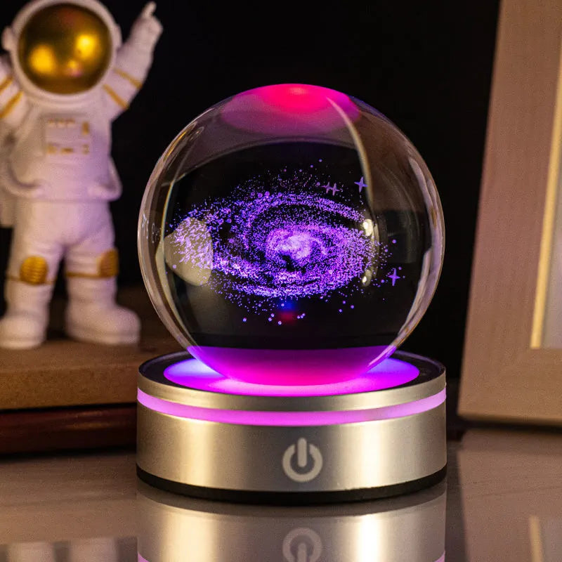 3D inner carving luminous crystal ball night lamp with 8cm white crystal and round touch USB base