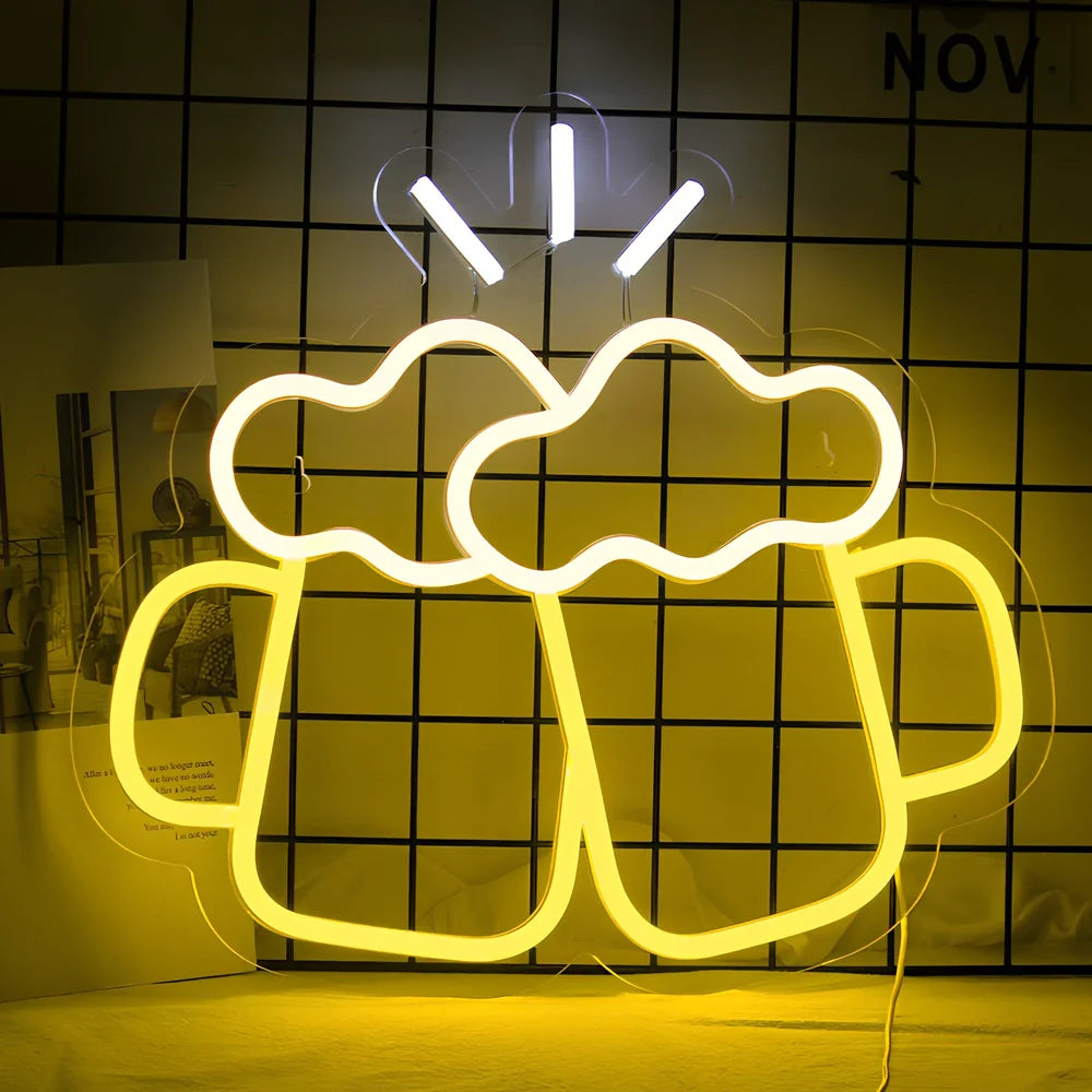 Yellow Bar Beer Cheers neon LED decorative light on shelf, acrylic shell, USB powered for home bar illumination