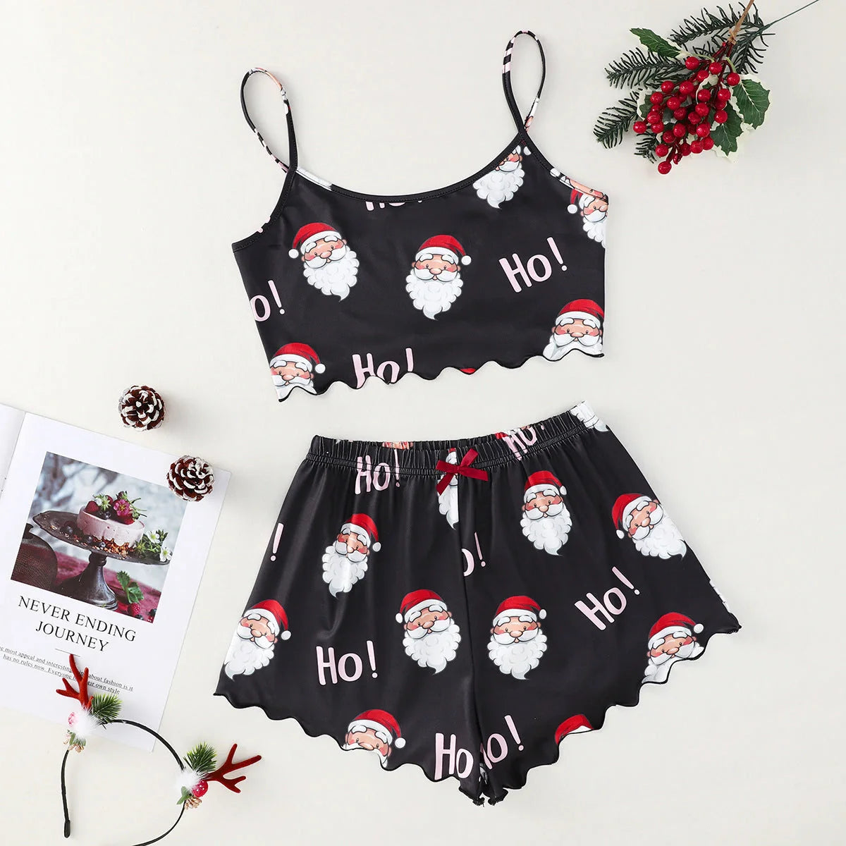 Christmas Women's Milk Silk Pajamas Set with Sleeveless Shorts in festive designs