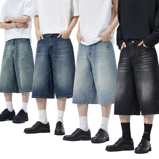 Men's loose straight-leg denim shorts in cropped length, shown in light blue colour