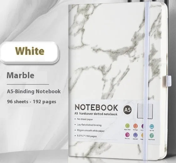 A5 skin feeling PU leather diary with strap closure and horizontal line pages in marble black colour