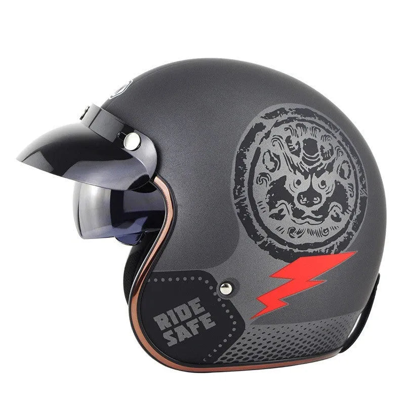 Retro-style motorcycle half helmet in ABS construction showing colour options and size range from S to XXL