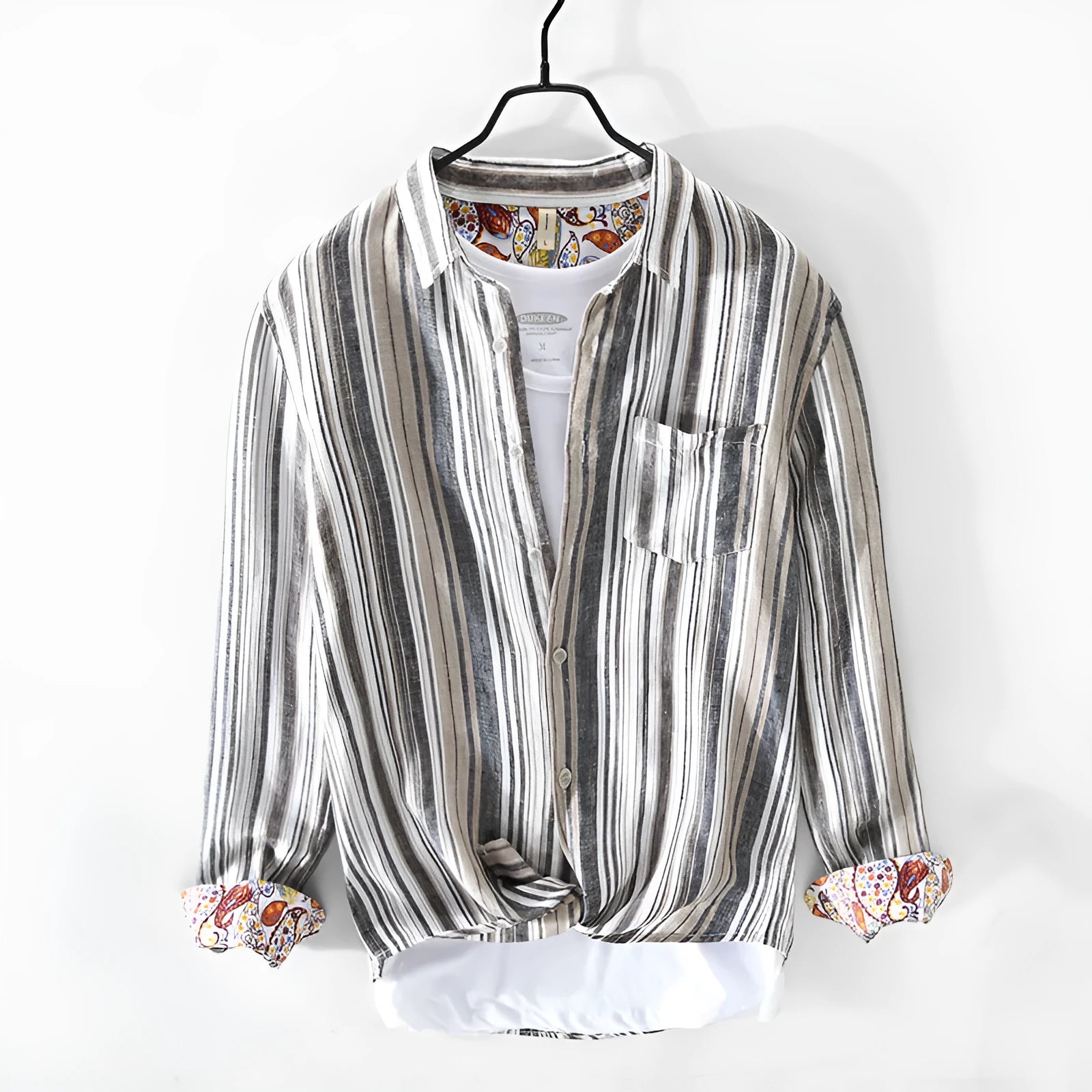 Men's striped linen shirt in red and grey colours with long sleeves and loose fit