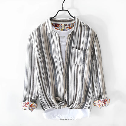 Men's striped linen shirt in red and grey colours with long sleeves and loose fit