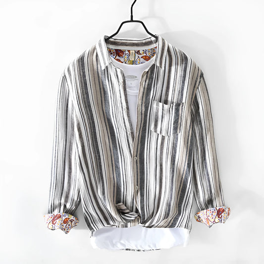 Men's striped linen shirt in red and grey colours with long sleeves and loose fit